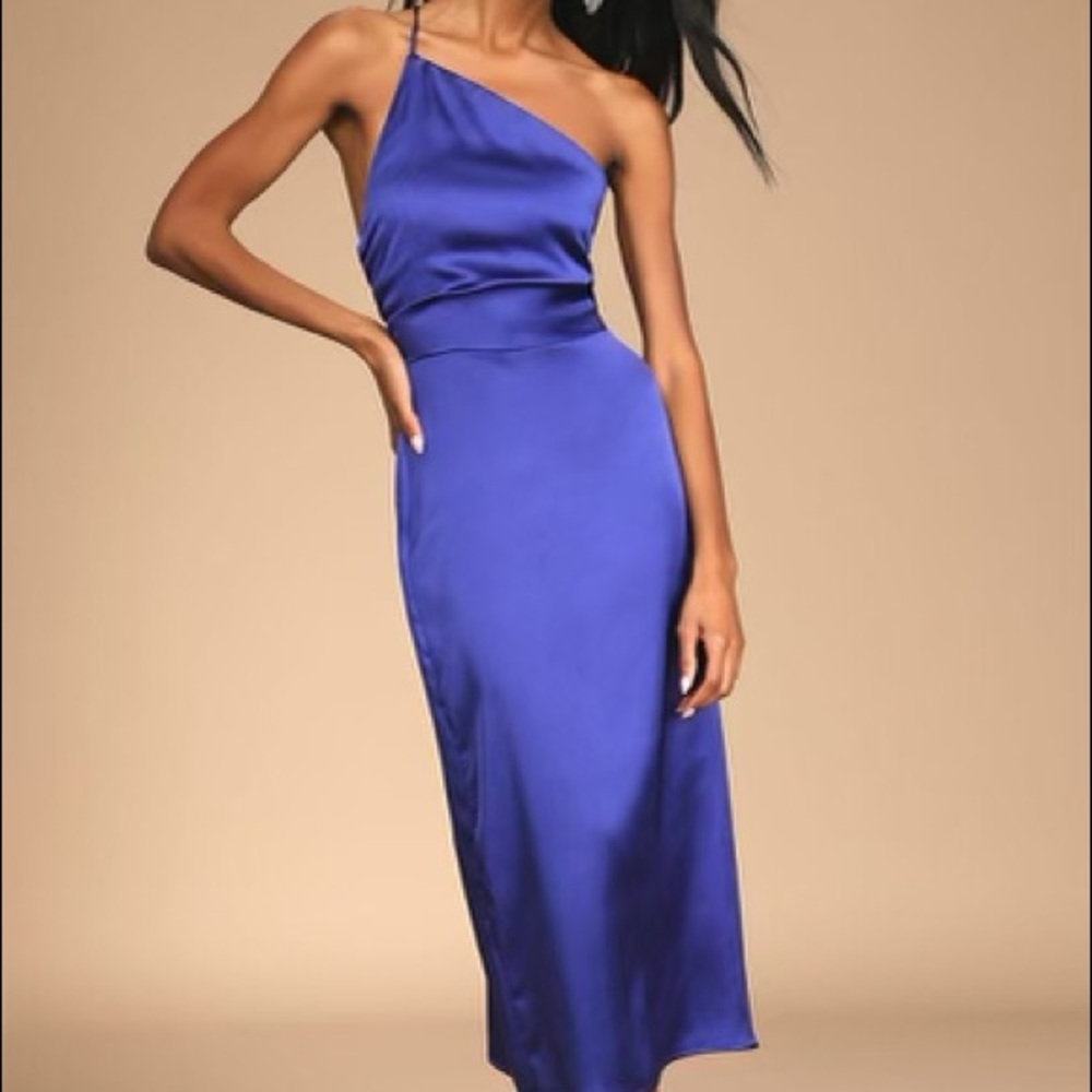 Lulu's Royal Blue Satin One-Shoulder Midi Dress